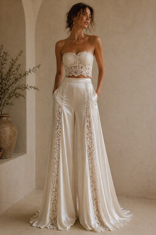 Lace Bandeau Crop Top And Wide-Leg Palazzo Pants Set