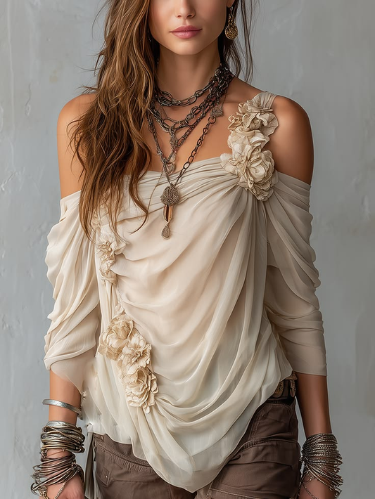 Ruffled Floral Applique Off-Shoulder Draped Top