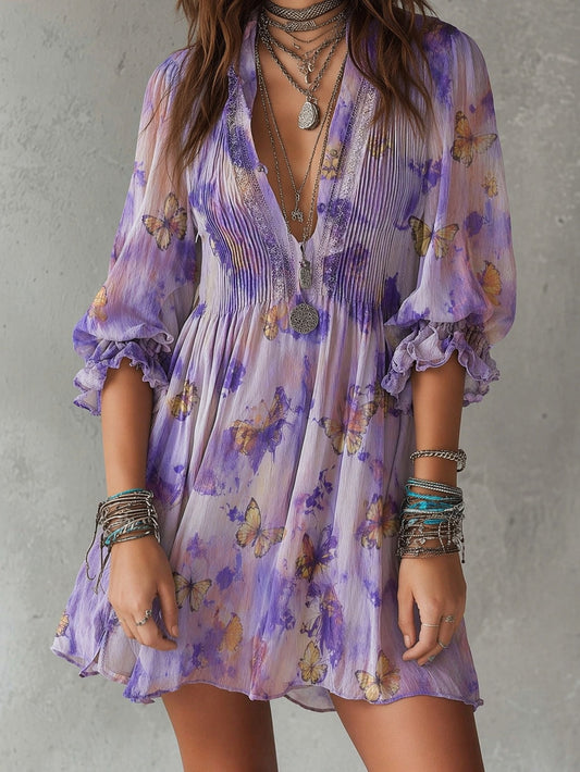 Butterfly Print Pleated V-Neck Mini Dress