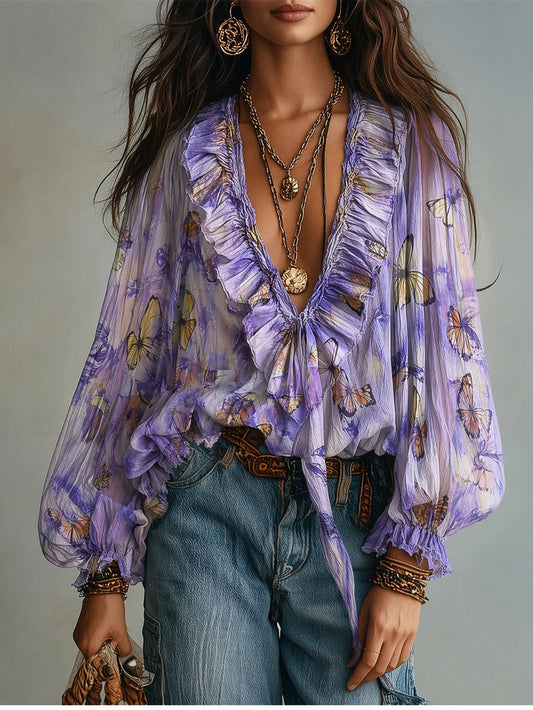 Butterfly Print Ruffle Neck Balloon Sleeve Blouse
