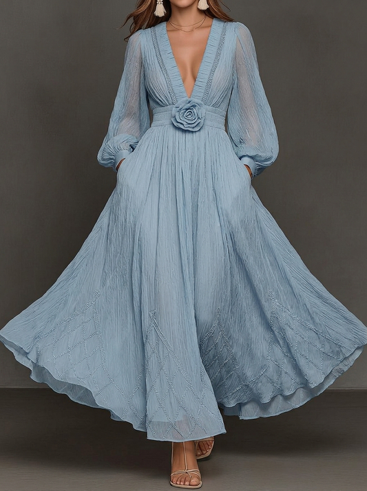 Dusty Blue Deep V-Neck Floral Applique Maxi Dress