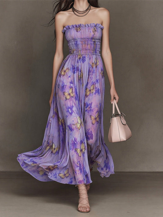 Strapless Smocked Waist Butterfly Print Maxi Dress