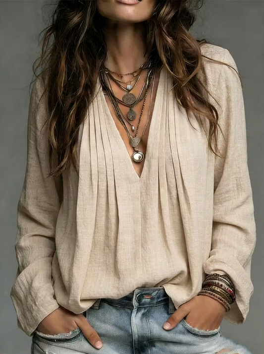 Linen Blend Pleated Deep V-Neck Relaxed Top