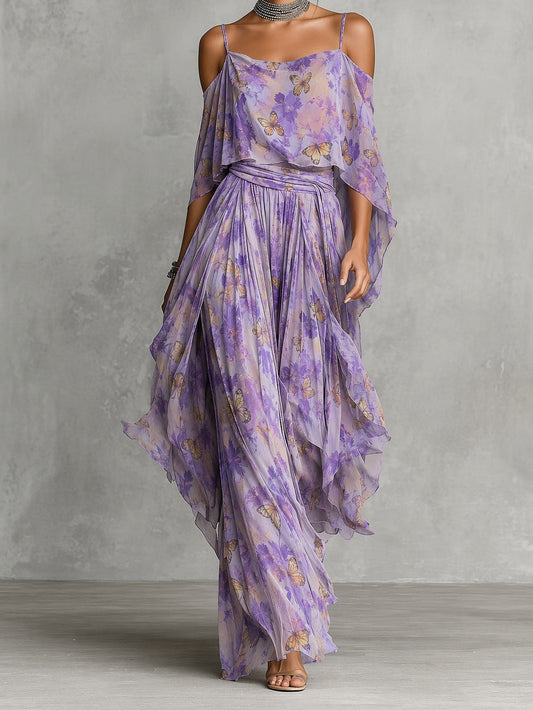Cold Shoulder Flowy Butterfly Print Maxi Dress