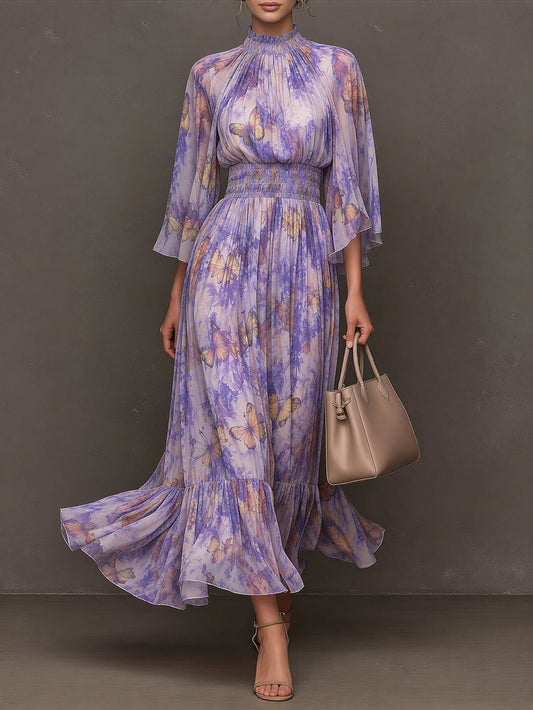 High Neck Gathered Ruffle Hem Butterfly Maxi Dress