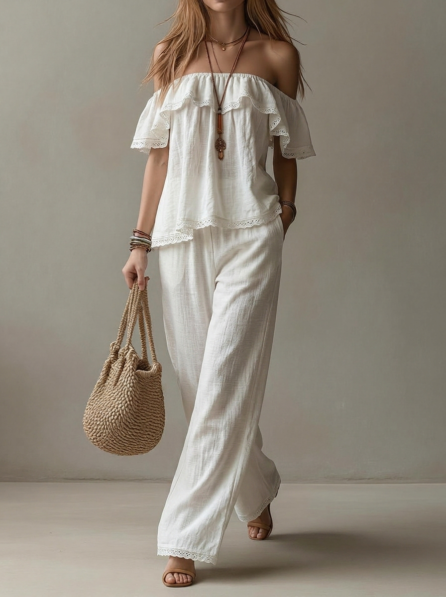 Off-Shoulder Crochet Trim Two-Piece Lounge Set