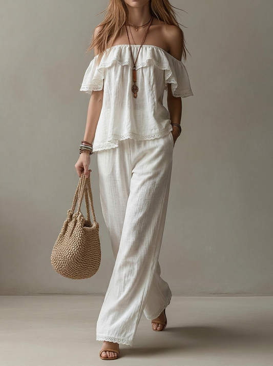 Off-Shoulder Crochet Trim Two-Piece Lounge Set