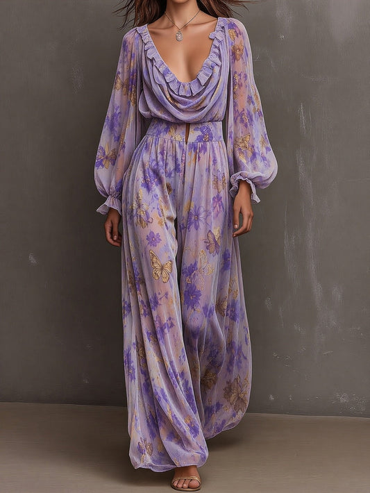 Butterfly Print Ruffled V-Neck Wide-Leg Jumpsuit