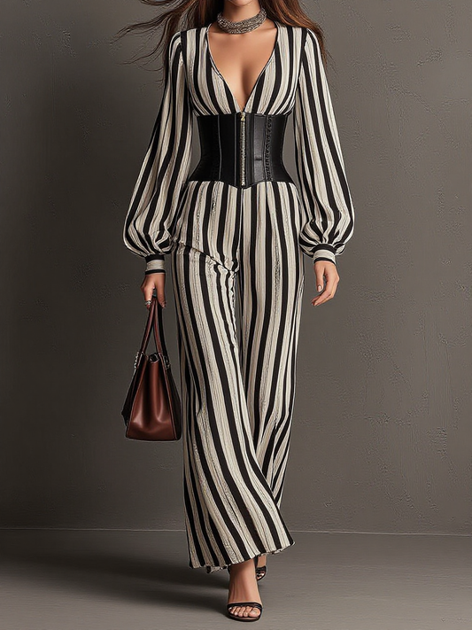 Monochrome Striped Corset Waist Maxi Jumpsuit
