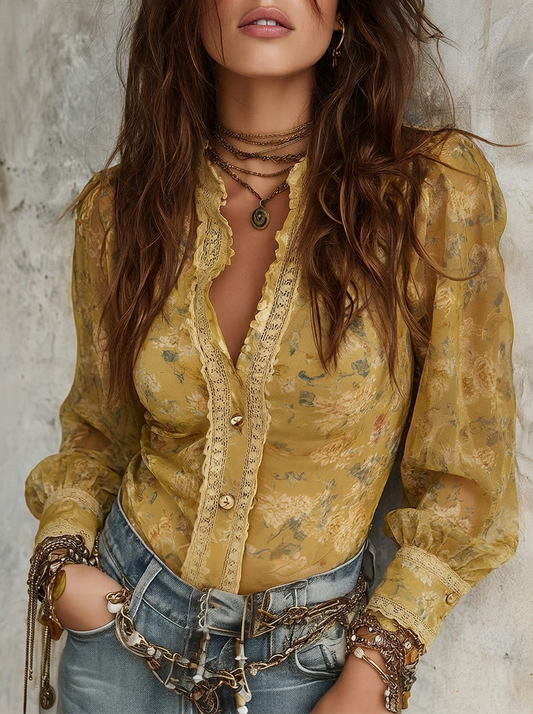 Mustard Floral Lace Trim Button-Down Blouse