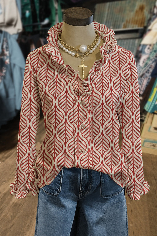 Geometric Leaf Print Ruffled Button-Front Shirt
