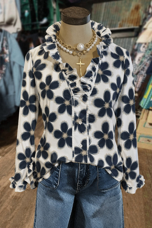 Large Floral Print Ruffled Button-Down Shirt