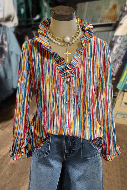Multicolor Stripe Ruffle Trim Long Sleeve Shirt