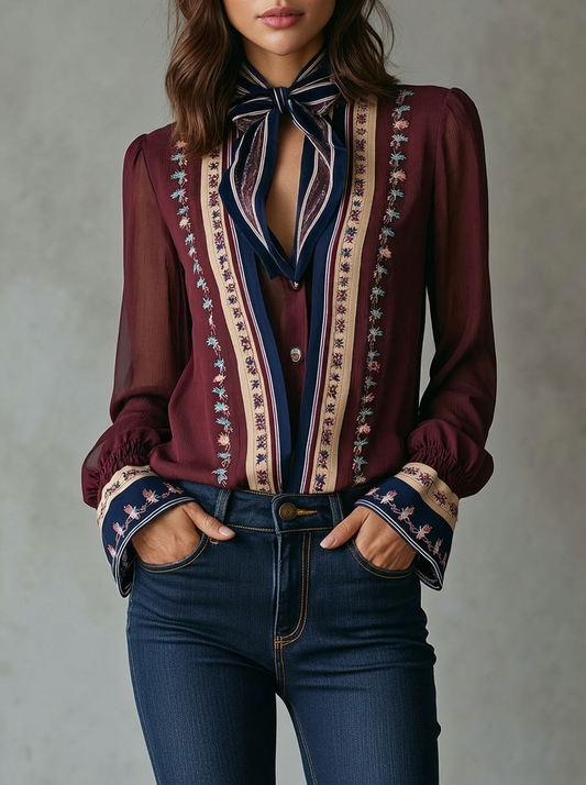 Sheer Sleeve Embroidered Bow Tie Blouse