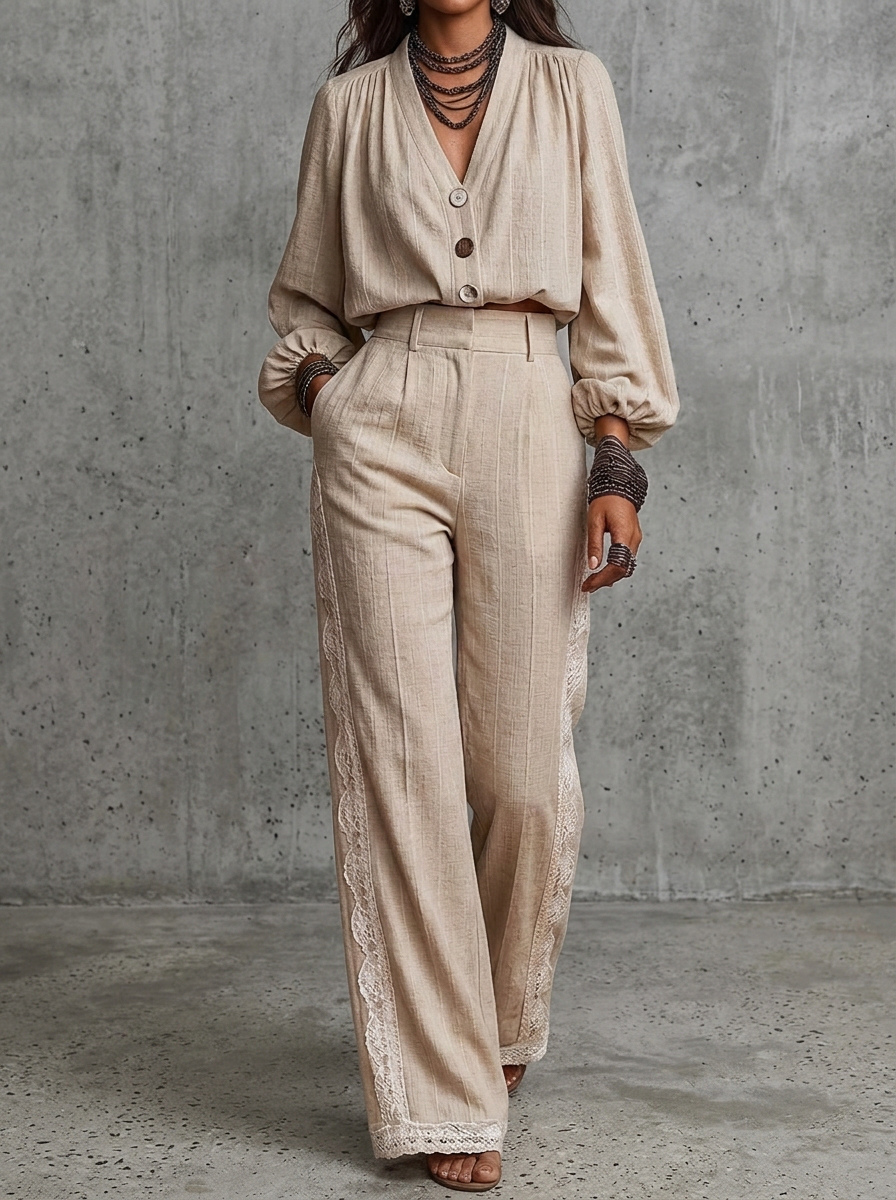 Beige Linen V-Neck Button-Up Wide-Leg Pants Set With Lace Trim