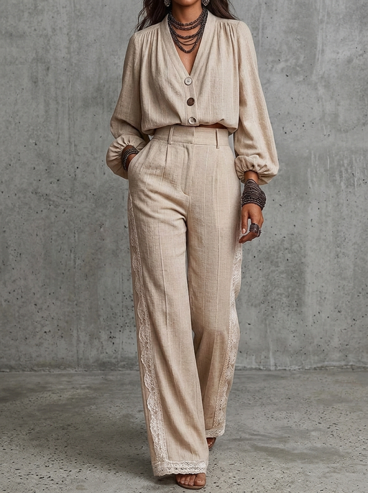 Beige Linen V-Neck Button-Up Wide-Leg Pants Set With Lace Trim