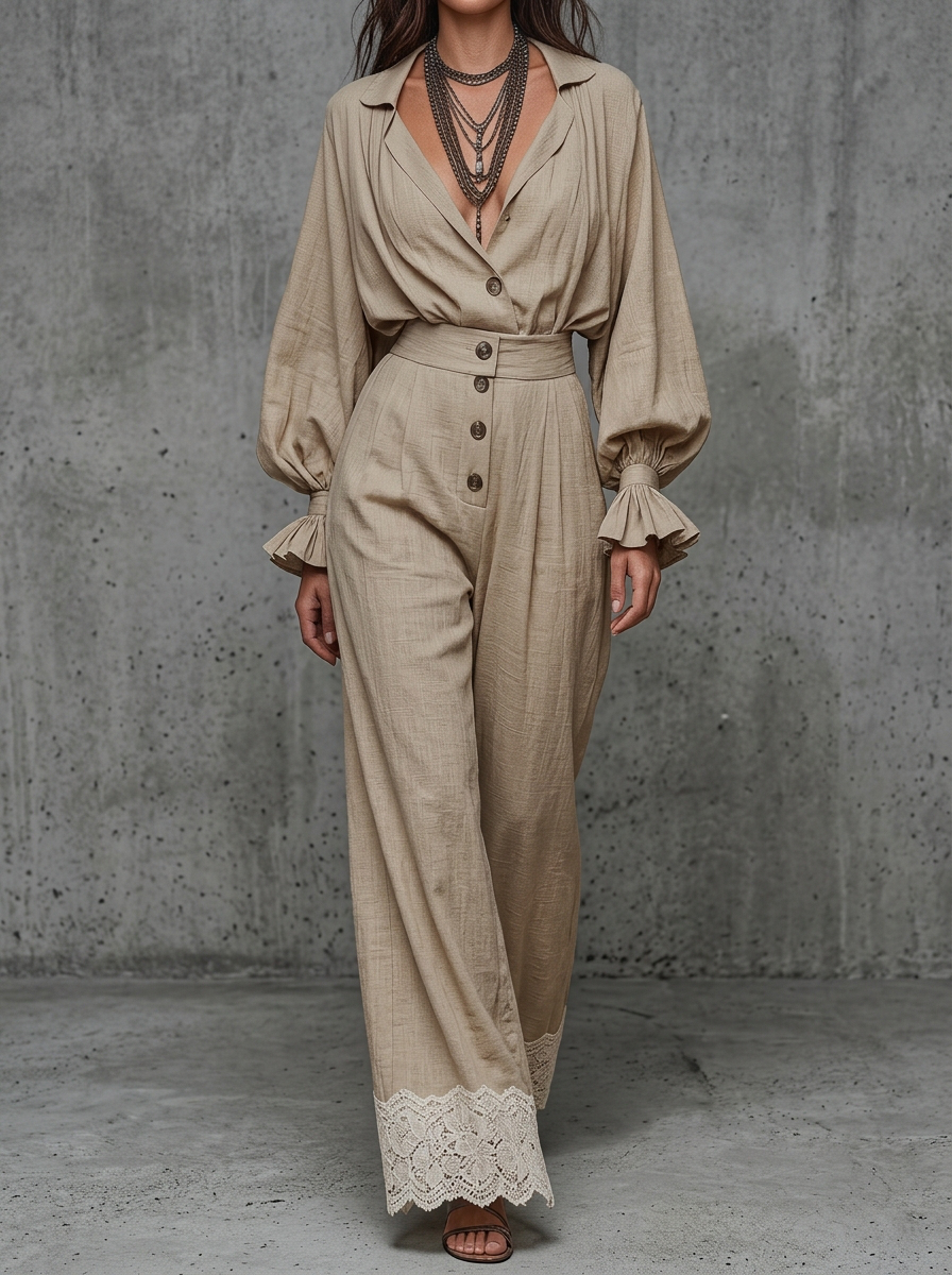 Beige Linen Button-Front Wide-Leg Pants Set With Lace Hem