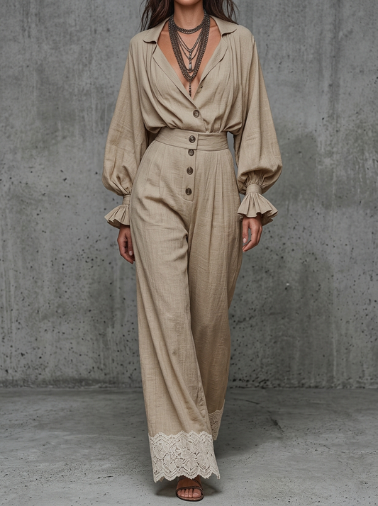 Beige Linen Button-Front Wide-Leg Pants Set With Lace Hem