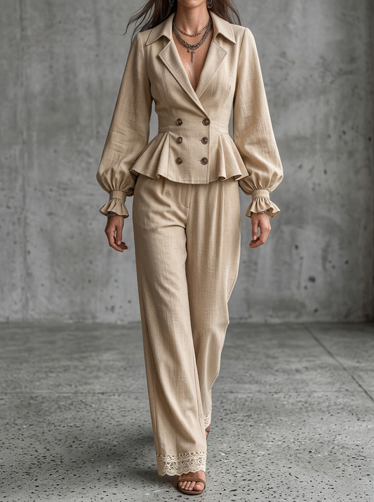 Beige Linen Double-Breasted Peplum Blazer And Wide-Leg Pants Set