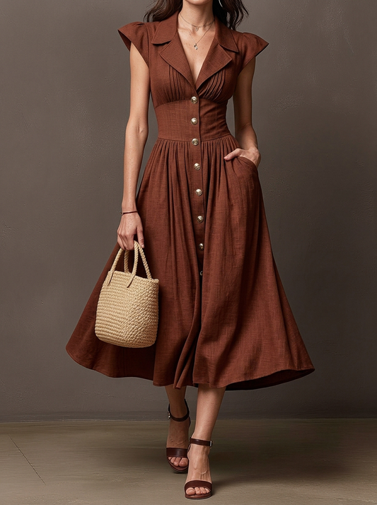 Rust Brown Linen Cap Sleeve Button-Front Midi Shirt Dress