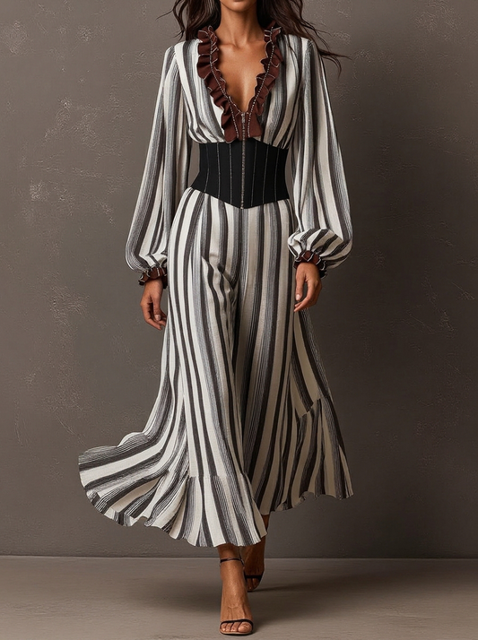 Black And White Striped Corset Belt Wide-Leg Jumpsuit