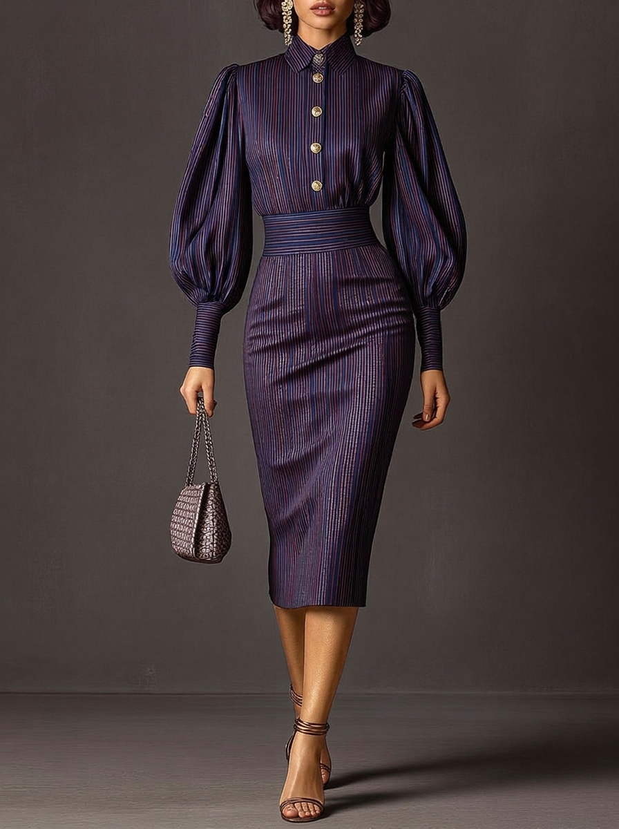 Purple Pinstripe High Neck Balloon Sleeve Midi Dress