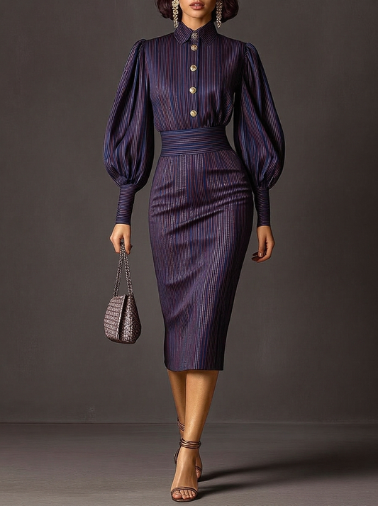 Purple Pinstripe High Neck Balloon Sleeve Midi Dress