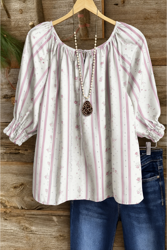Pink Stripe Floral Print Tie-Neck Peasant Top
