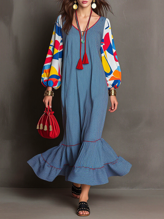 Color-Block Sleeve Tie Tassel Striped Maxi Dress