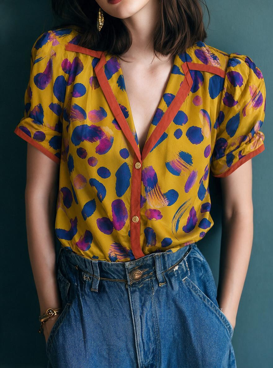 Contrast Trim Abstract Print Button-Down Blouse