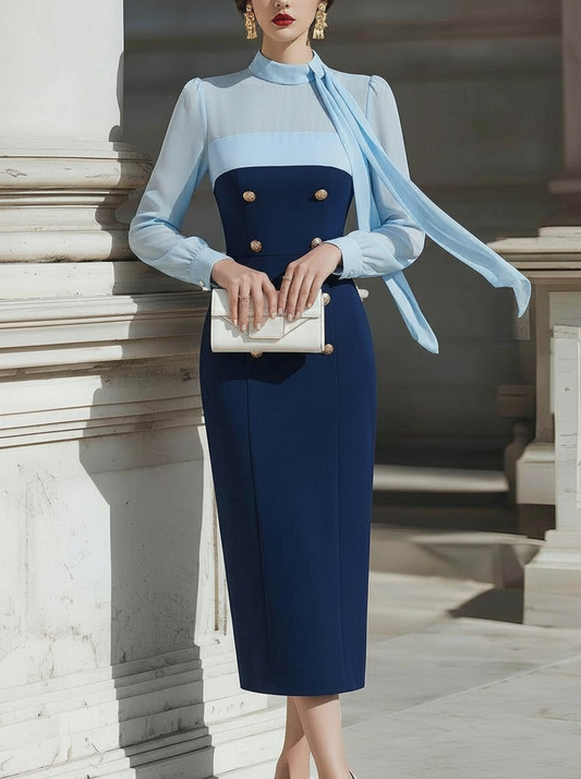 Color-Block Tie-Neck Sheer Long-Sleeve Midi Dress
