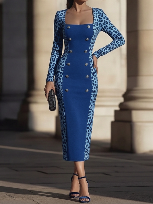 Blue Leopard Print Square Neck Midi Dress