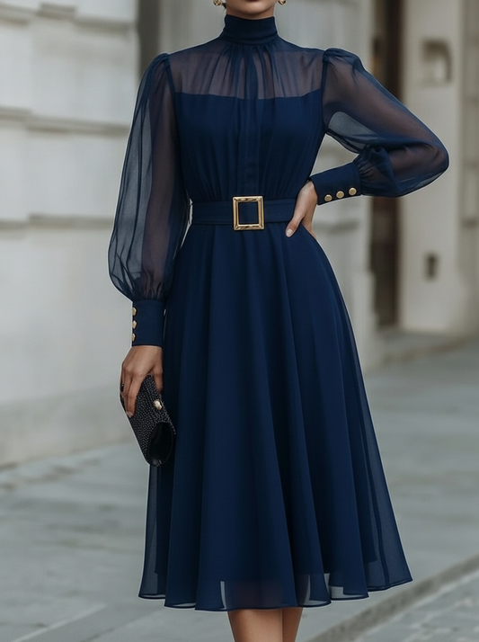 Sheer High Neck Belted Pleated Midi Dress