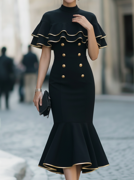 Black Ruffle Cape Gold Trim Trumpet Dress