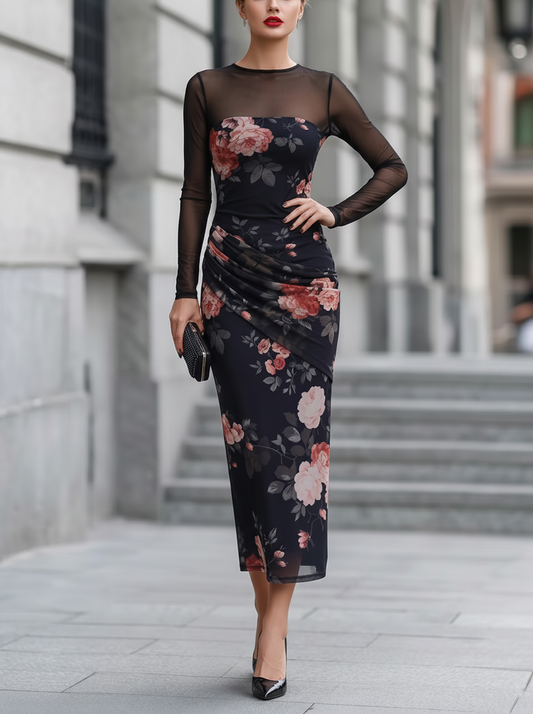 Sheer Sleeve Floral Print Ruched Midi Dress