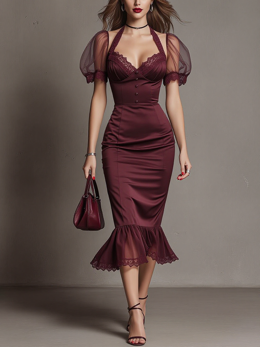 Burgundy Halter Puff Sleeve Lace Trim Midi Dress