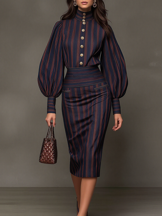 Navy Striped High Neck Puff Sleeve Midi Dress