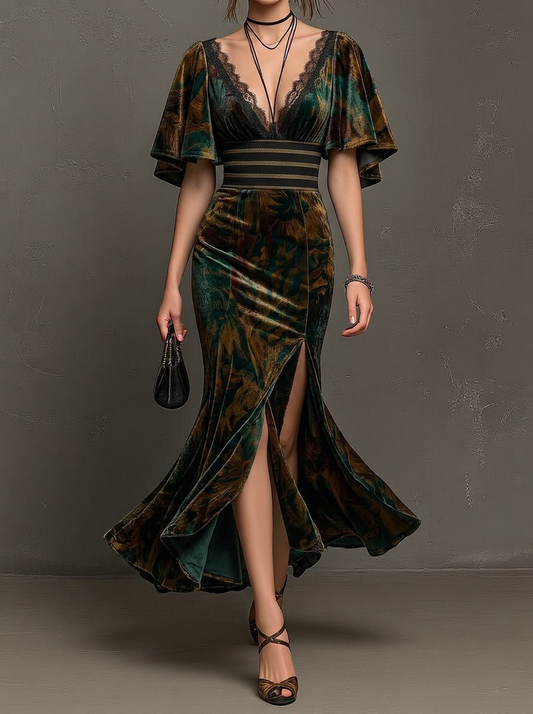 Teal Velvet Burnout Lace Trim Maxi Dress