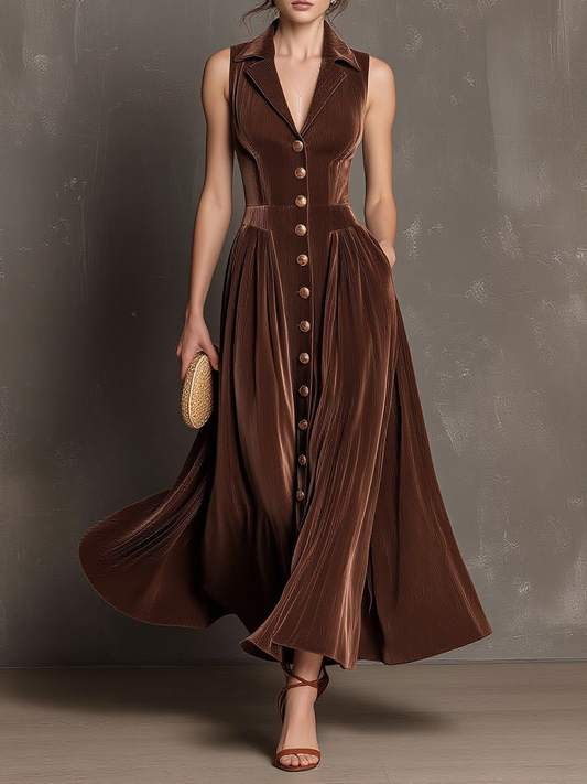 Chocolate Pleated Sleeveless Button-Front Maxi Dress