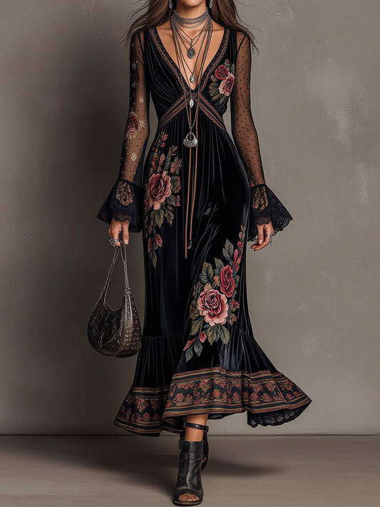 Floral Embroidered Sheer Sleeve Velvet Maxi Dress