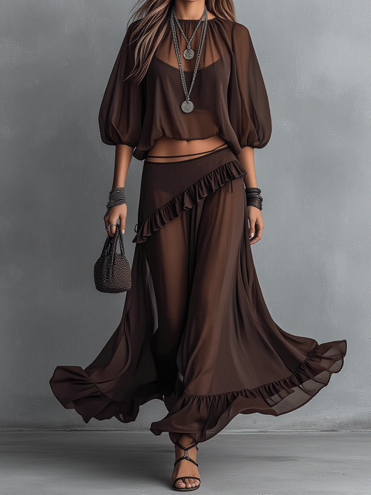 Mocha Sheer Balloon Sleeve Top And Ruffled Skirt Set