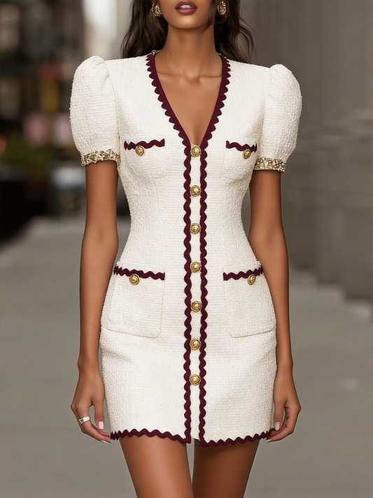 Cream Boucle Tweed Contrast Trim Mini Dress