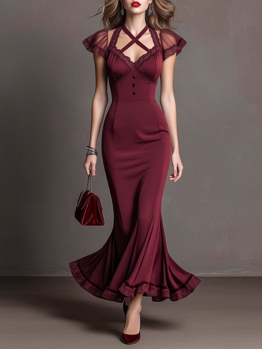 Crisscross Halter Sheer Sleeve Lace Trim Mermaid Dress
