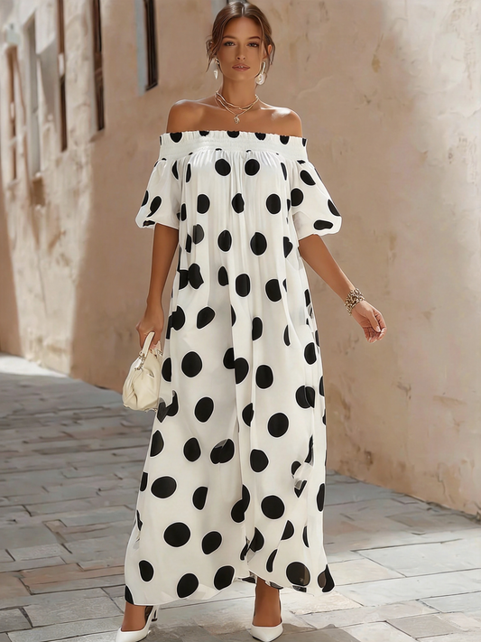 Off-Shoulder Polka Dot Flowy Maxi Dress