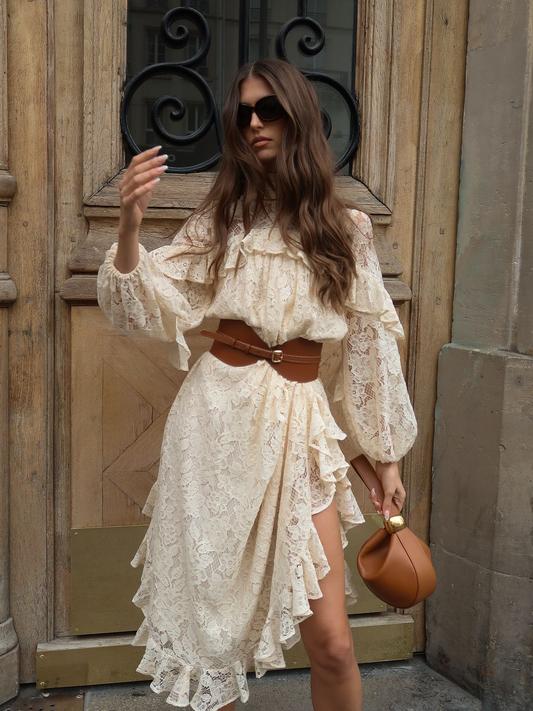 Cream Lace Ruffle High Neck Midi Dress