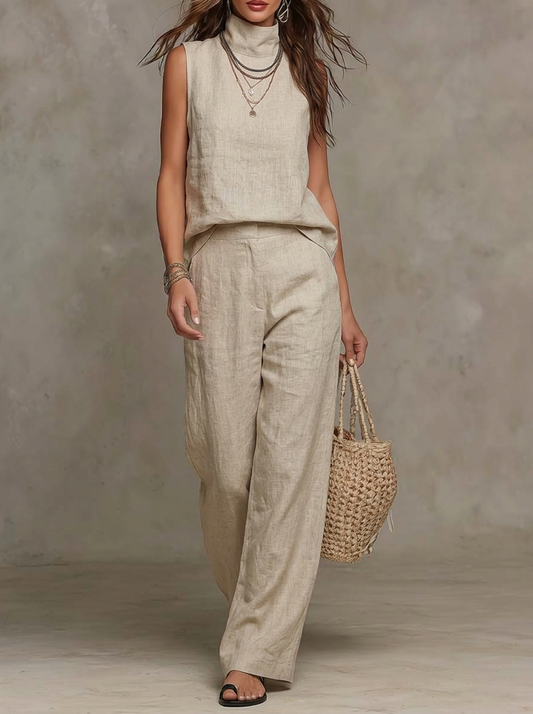 Linen High Neck Top And Wide-Leg Pants Set