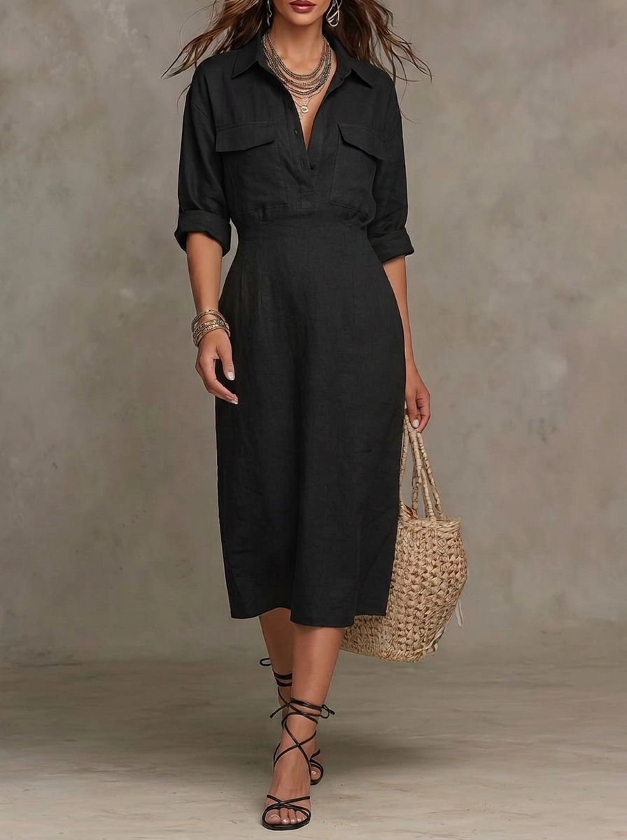 Black Linen Utility Pocket Shirt Dress