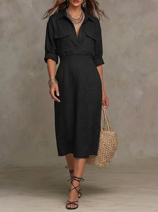 Black Linen Utility Pocket Shirt Dress