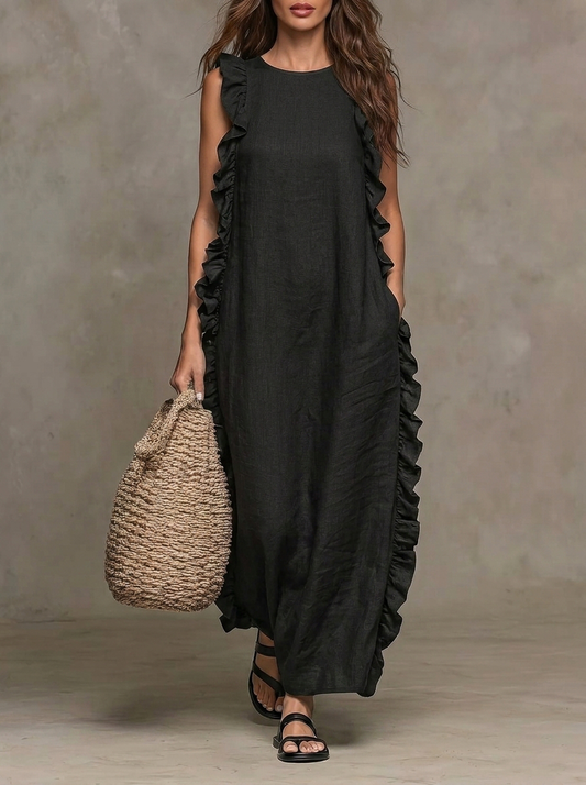 Black Sleeveless Side Ruffle Maxi Dress