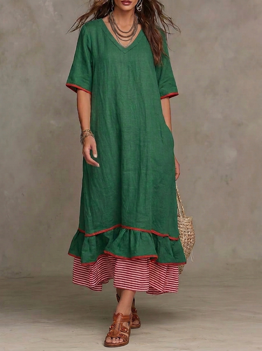 Green V-Neck Contrast Hem Layered Dress
